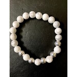 Silver with Natural White & Black Stone Bead Durable Stretchy Bracelet (6")